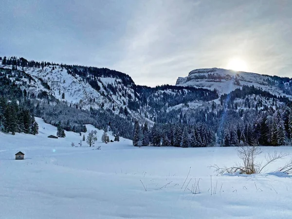 Ambiente Inverno Gelado Com Neve Fresca Pico Alpino Chaeserrugg Chaserrugg — Fotografia de Stock