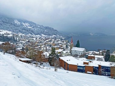The subalpine settlement of Weggis below Mountain Rigi and along the shores of Lake Lucerne (Vierwaldstattersee or Vierwaldstaettersee) - Canton of Lucerne, Switzerland (Schweiz)