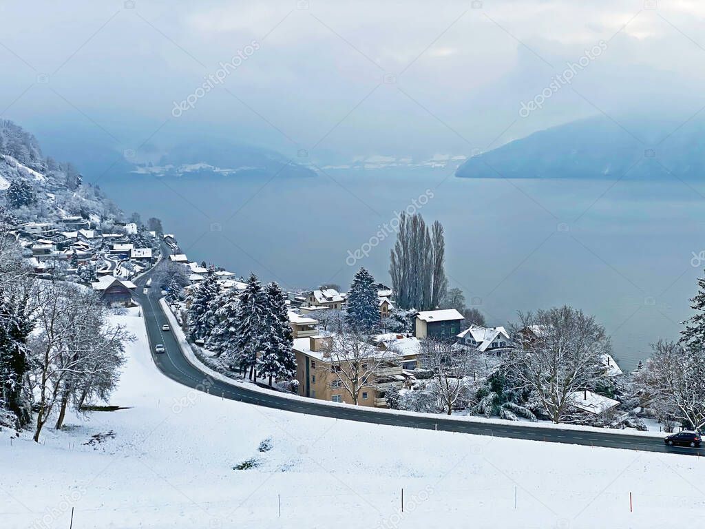 The subalpine settlement of Weggis below Mountain Rigi and along the shores of Lake Lucerne (Vierwaldstattersee or Vierwaldstaettersee) - Canton of Lucerne, Switzerland (Schweiz)