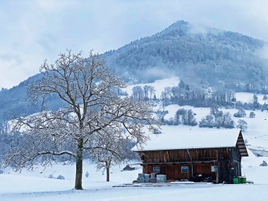 Idyllic Swiss alpine mountain huts and traditional Swiss rural architecture dressed in winter clothes and in a fresh snow cover on the slopes of Mountain Rigi, Weggis - Canton of Lucerne, Switzerland (Schweiz)