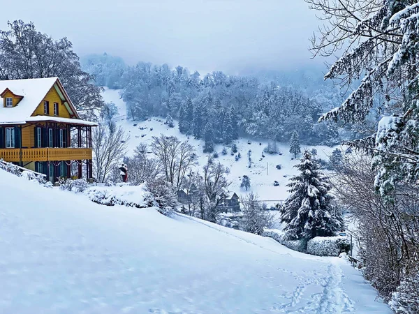 Idyllic Swiss Alpine Mountain Huts Traditional Swiss Rural Architecture Dressed — Stock Photo, Image
