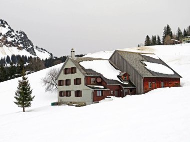 Eski İsviçre kırsal mimarisi ve alp çiftlik çiftlikleri Walen Gölü veya Walenstadt Gölü (Walensee), Amden - İsviçre 'nin St. Gallen Kantonu, İsviçre