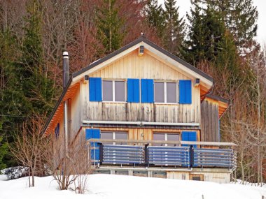 Eski İsviçre kırsal mimarisi ve alp çiftlik çiftlikleri Walen Gölü veya Walenstadt Gölü (Walensee), Amden - İsviçre 'nin St. Gallen Kantonu, İsviçre