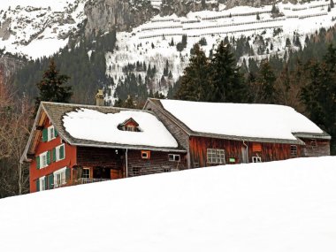 Eski İsviçre kırsal mimarisi ve alp çiftlik çiftlikleri Walen Gölü veya Walenstadt Gölü (Walensee), Amden - İsviçre 'nin St. Gallen Kantonu, İsviçre