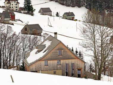 Eski İsviçre kırsal mimarisi ve alp çiftlik çiftlikleri Walen Gölü veya Walenstadt Gölü (Walensee), Amden - İsviçre 'nin St. Gallen Kantonu, İsviçre