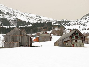 Eski İsviçre kırsal mimarisi ve alp çiftlik çiftlikleri Walen Gölü veya Walenstadt Gölü (Walensee), Amden - İsviçre 'nin St. Gallen Kantonu, İsviçre