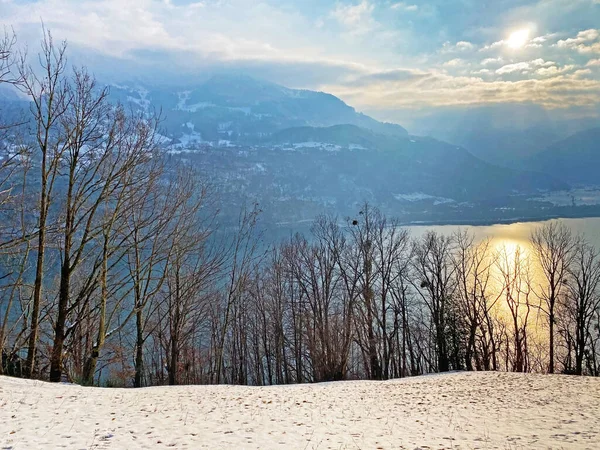 Lake Walen in winter or Lake Walenstadt (Walensee) between the mountain ranges of Churfirsten and Glarus Alps, Amden - Canton of St. Gallen, Switzerland (Kanton St. Gallen, Schweiz)