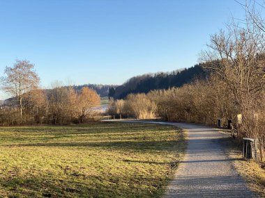 İlkbaharın başlarında, Tuerler Gölü veya Tuerlersee Gölü / Turlersee Gölü boyunca eğlence parkurları ve gezinti yolları, Aeugst am Albis - İsviçre 'nin Zuerich Kantonu (Schweiz)