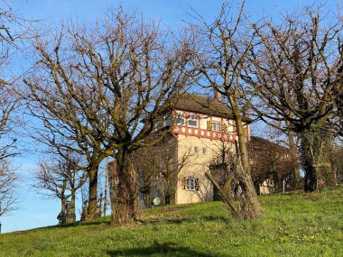 Zürih 'teki Au Yarımadası' nın tepesindeki eski geleneksel Gugger Binası (Zürih Oder Zuerichsee), Wadenswil (Waedenswil) - Zürih Kantonu (Zuerich), İsviçre / Schweiz