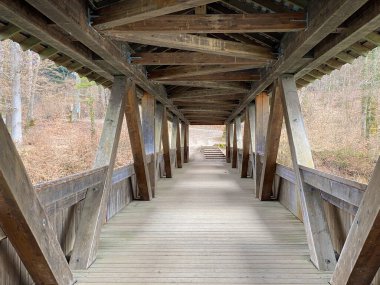 Hermetschwil, Reuss Nehri üzerindeki tahta köprü (Holzfussgaengerbruecke Hermetschwil ueber den Fluss Reuss) - İsviçre (Schweiz)