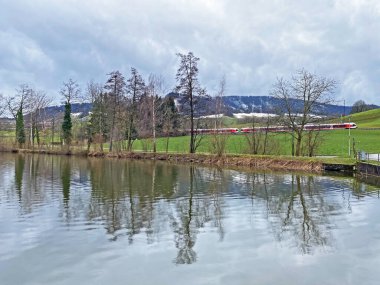 Kış sonu ve ilkbaharın başlarında Sternenweiher gölü veya Muelibach deresinin orman vadisi üzerindeki Sternensee gölü, Samstagern - Zuerich Kantonu veya Zürih, İsviçre (Schweiz)