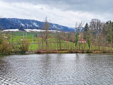 Kış sonu ve ilkbaharın başlarında Sternenweiher gölü veya Muelibach deresinin orman vadisi üzerindeki Sternensee gölü, Samstagern - Zuerich Kantonu veya Zürih, İsviçre (Schweiz)