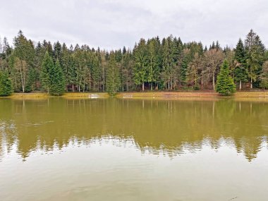 Sihl, Schonenberg (Schoenenenberg) kanyonu üzerinde Teufenbachweier gölü veya Teifebachweiher göleti - Zuerich Kantonu (veya Zürih), İsviçre / Schweiz