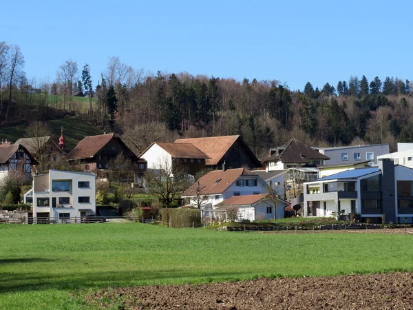 Schweizisk Bosättning Eller Byn Mauensee Längs Mauensjön Mauesee Och Kantonen — Stockfoto