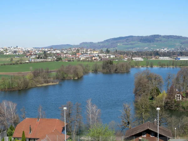 Fin Hiver Début Printemps Sur Lac Mauensee Lac Mauen Mauesee — Photo