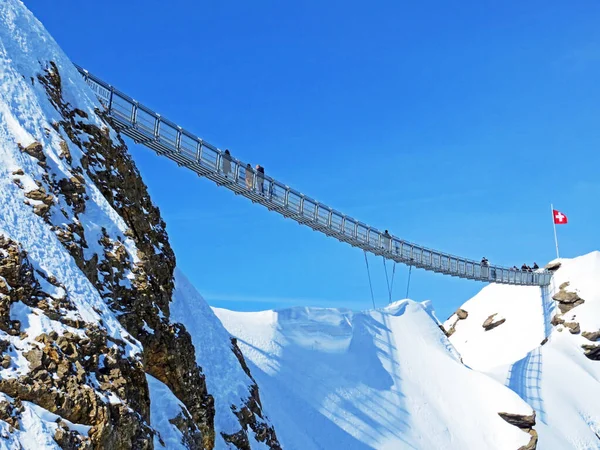 İki dağ zirvesi arasındaki asma köprüde (Yolculuk güzergahı Buzul 3000) veya Peak walk sur le pont süspandu, Les Diablerets - Vaud Kantonu, İsviçre (Suisse)