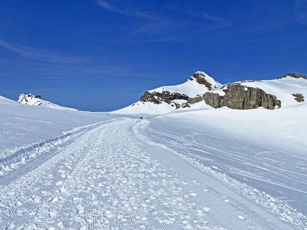 冰川漫步 从Scex Rouge站到Quille Diable 旅行目的地冰川3000人 Les Diablerets 瑞士沃州 的标记冰川小径 — 图库照片