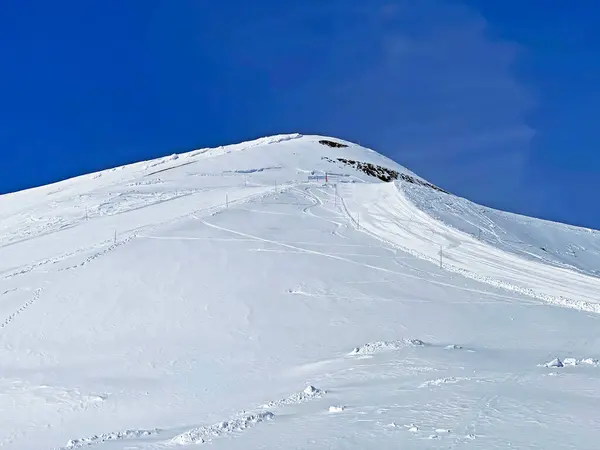 stock image Sports and recreational ski slopes above the Glacier du Sex Rouge (Travel destination Glacier 3000), Les Diablerets - Canton of Vaud, Switzerland (Suisse)