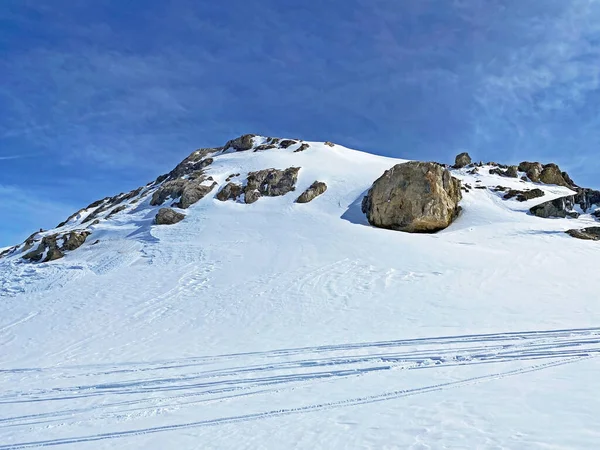 位于瑞士沃州Les Diablerets的性红磨坊地区 旅游目的地冰川3000号 美丽而清澈的春天高山雪地 — 图库照片