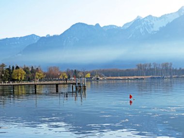 Cenevre Gölü 'nün doğu kıyısında öğleden sonra (lac de Geneve, lac Leman or Genfersee) ve Chablais Alpleri - Vaud Kantonu (Suisse)
