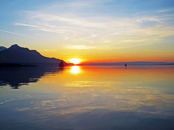 Musim Semi Terbenam Atas Pantai Timur Danau Jenewa Lac Geneve — Stok Foto