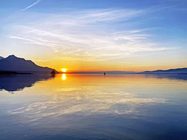Musim Semi Terbenam Atas Pantai Timur Danau Jenewa Lac Geneve — Stok Foto