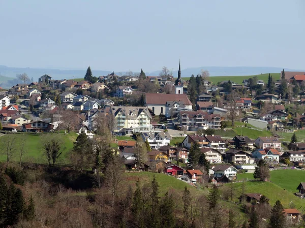 View Small Picturesque Modern Swiss Subalpine Settlement Schwarzenberg Canton Lucerne — Stock Photo, Image