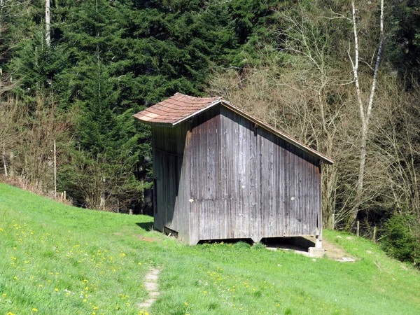 スイスの亜高山草原 シュワルツェンベルクLu カントン ルツェルン カントン ルツェルン スイス スイス に牧草地の小屋や農家や古い木造牛の家 — ストック写真