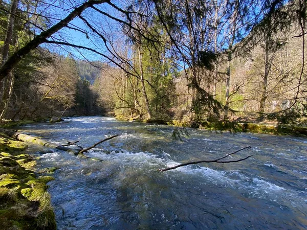 Curso Rio Orbe Entre Caverna Nascente Assentamento Vallorbe Der Fluss — Fotografia de Stock