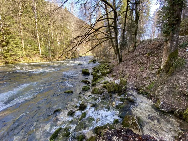 Curso Rio Orbe Entre Caverna Nascente Assentamento Vallorbe Der Fluss — Fotografia de Stock