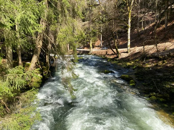 Curso Rio Orbe Entre Caverna Nascente Assentamento Vallorbe Der Fluss — Fotografia de Stock