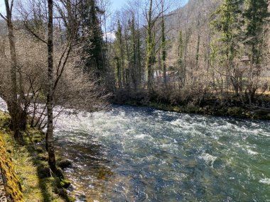 Orbe Nehri 'nin, mağara veya bahar ile Vallorbe (der Fluss Orbe veya le fleuve de l' Orbe), Vallorbe - Vaud Kantonu, İsviçre (Kanton Waadt, Schweiz)