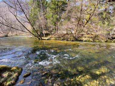 Orbe Nehri 'nin, mağara veya bahar ile Vallorbe (der Fluss Orbe veya le fleuve de l' Orbe), Vallorbe - Vaud Kantonu, İsviçre (Kanton Waadt, Schweiz)