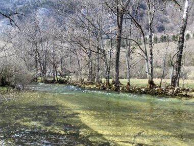 Orbe Nehri 'nin, mağara veya bahar ile Vallorbe (der Fluss Orbe veya le fleuve de l' Orbe), Vallorbe - Vaud Kantonu, İsviçre (Kanton Waadt, Schweiz)