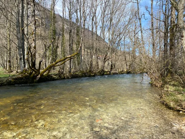 Πορεία Του Ποταμού Orbe Μεταξύ Του Σπηλαίου Της Πηγής Και — Φωτογραφία Αρχείου