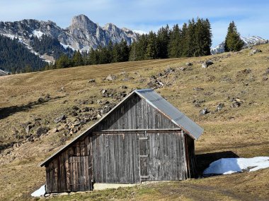 İsviçre 'nin Soerenberg, İsviçre' deki turizm beldesi Alte und traditionelle Schweizer Landhausmiektur 'un kış ortamında eski İsviçre kırsal mimarisi ve alp çiftlik hayvanları çiftlikleri