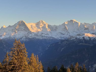 İsviçre 'nin Bernese Oberland bölgesinde güneşli ve karla kaplı tepeler - Wunderschoene sonnenbeschienene und schneebedeckte Alpengipfel im Berner Oberland, Schweiz