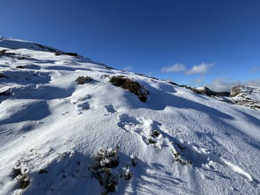Bernese Oberland bölgesinin taze kar örtüsü üzerinde harika kış yürüyüş yolları ve izler Herrliche Winterwanderwege und Spuren auf der frischen Schneedecke, Schweiz