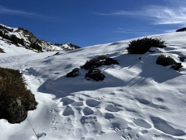 Bernese Oberland bölgesinin taze kar örtüsü üzerinde harika kış yürüyüş yolları ve izler Herrliche Winterwanderwege und Spuren auf der frischen Schneedecke, Schweiz