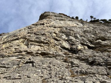 Sigriswilergrat dağındaki dik alp kayaları veya Emmental Alplerdeki Sigriswilergrat sırtındaki kayalık kayalıklar ve İsviçre 'deki Bernese Oberland, İsviçre (Berner Oberland, Schweiz)