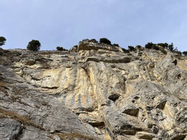 Sigriswilergrat dağındaki dik alp kayaları veya Emmental Alplerdeki Sigriswilergrat sırtındaki kayalık kayalıklar ve İsviçre 'deki Bernese Oberland, İsviçre (Berner Oberland, Schweiz)