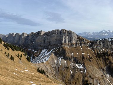 Sigriswilergrat dağındaki dik alp kayaları veya Emmental Alplerdeki Sigriswilergrat sırtındaki kayalık kayalıklar ve İsviçre 'deki Bernese Oberland, İsviçre (Berner Oberland, Schweiz)