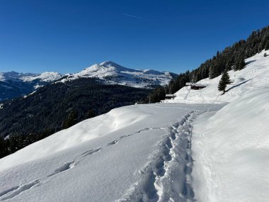 İsviçre Alpleri ve St. Antonien (Kanton Graubuenden, Schweiz) Kantonu üzerindeki St. Antoenien köyünün taze dağlık kar örtüsü üzerinde harika kış yürüyüş yolları ve izler vardır.)