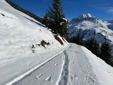 İsviçre Alpleri 'nin taze dağlık kar örtüsünde ve St. Antoenien (veya St. Antonien) - İsviçre' nin Grisons Kantonu (Kanton Graubuenden, Schweiz)
