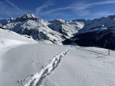 İsviçre Alpleri ve St. Antonien (Kanton Graubuenden, Schweiz) Kantonu üzerindeki St. Antoenien köyünün taze dağlık kar örtüsü üzerinde harika kış yürüyüş yolları ve izler vardır.)