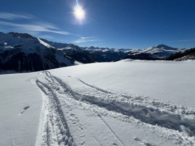 İsviçre Alpleri ve St. Antonien (Kanton Graubuenden, Schweiz) Kantonu üzerindeki St. Antoenien köyünün taze dağlık kar örtüsü üzerinde harika kış yürüyüş yolları ve izler vardır.)