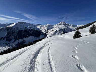 İsviçre Alpleri ve St. Antonien (Kanton Graubuenden, Schweiz) Kantonu üzerindeki St. Antoenien köyünün taze dağlık kar örtüsü üzerinde harika kış yürüyüş yolları ve izler vardır.)