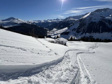 İsviçre Alpleri ve St. Antonien (Kanton Graubuenden, Schweiz) Kantonu üzerindeki St. Antoenien köyünün taze dağlık kar örtüsü üzerinde harika kış yürüyüş yolları ve izler vardır.)