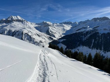 İsviçre Alpleri 'nin taze dağlık kar örtüsünde ve St. Antonien (St. Antoenien) Kanton of Grisons, İsviçre (Kanton Graubuenden, Schweiz)