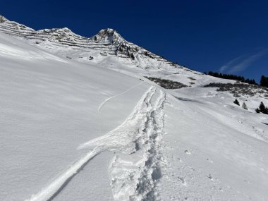 İsviçre Alpleri 'nin taze dağlık kar örtüsünde ve St. Antonien (St. Antoenien) Kanton of Grisons, İsviçre (Kanton Graubuenden, Schweiz)